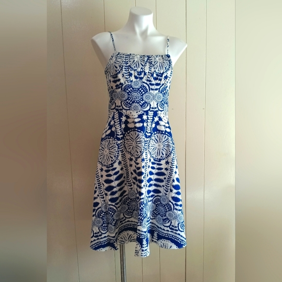 Alyn Paige Dresses & Skirts - Alyn Paige Sun Dress Sz Small Boutique Blue White Floral Spaghetti Straps Retro